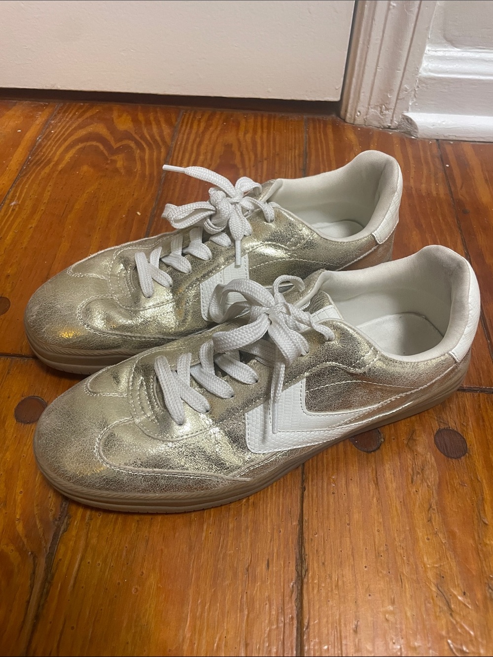 DV by Dolce Vita Metallic Gold Lace-Up Sneakers with White Accents